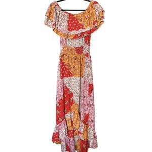 Mlle Gabrielle Maxi Dress Womens M Patchwork Hi-Low Off the Shoulder Ruffle New